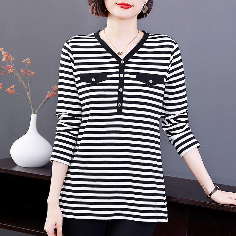 Fashion Simplicity Versatile Commute Button Montage Stripev Neck Large Size Loose Black White Ladies' Base Shirt Autumn 2024