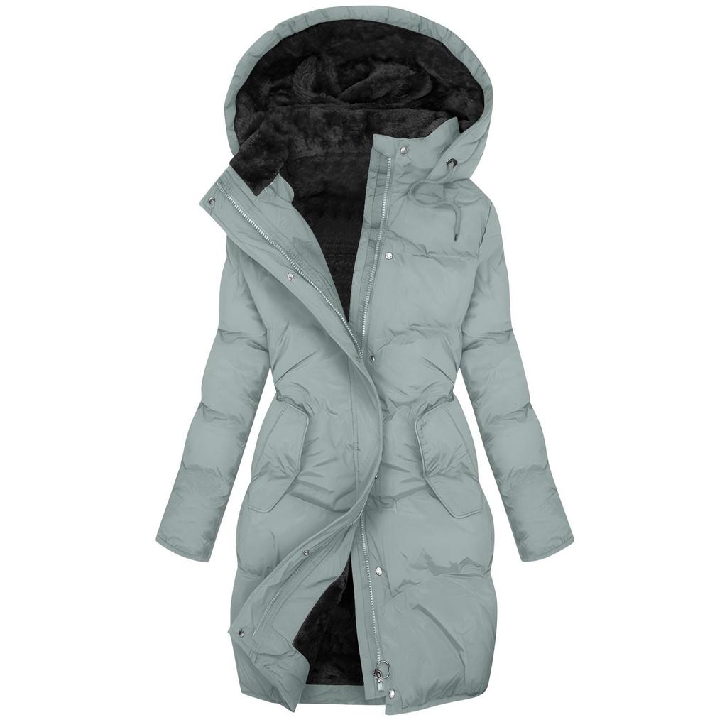 Women's Fashion Solid Color Long Sleeved Hooded Long Zipper Cotton Jacket Warm Coat Down Jacket