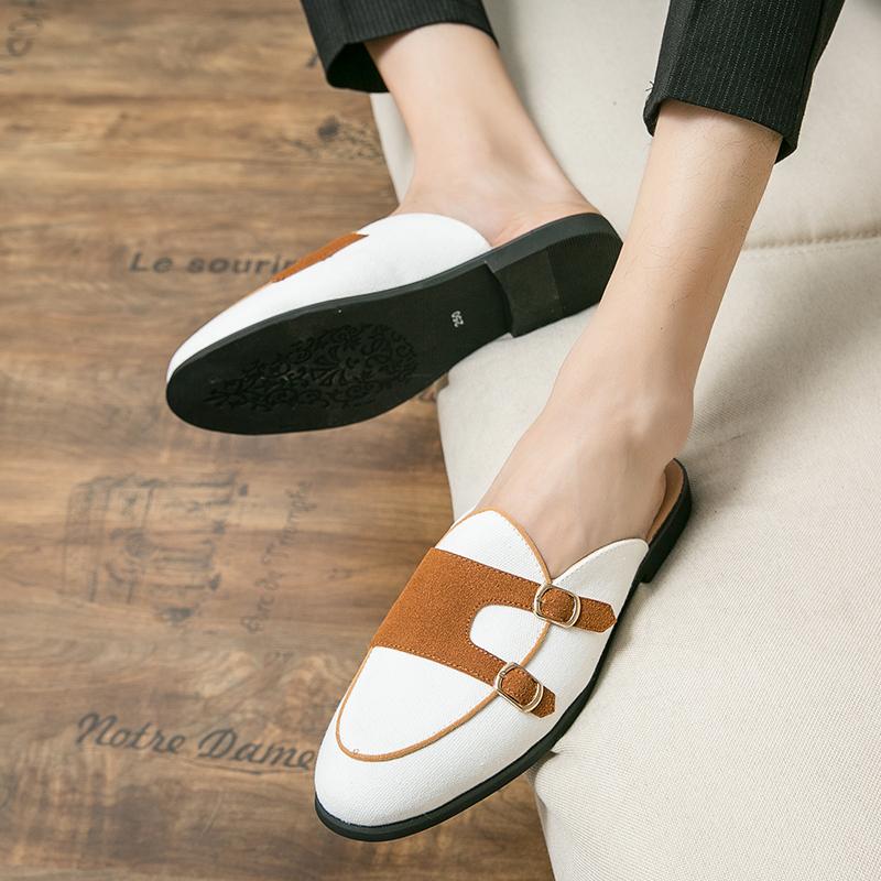 Canvas Men Semi-Drag Casual Shoes Slip On Flats Half Shoes For Men Backless Loafers Slipper Closed Toe Sandals Mules Man Slides