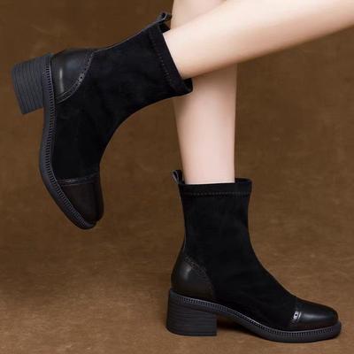 Elastic Boots Women's Thin Boots British Martin Boots 2025 Autumn and Winter New Versatile Matte Thick Heel Medium Heel Women's Short Boots