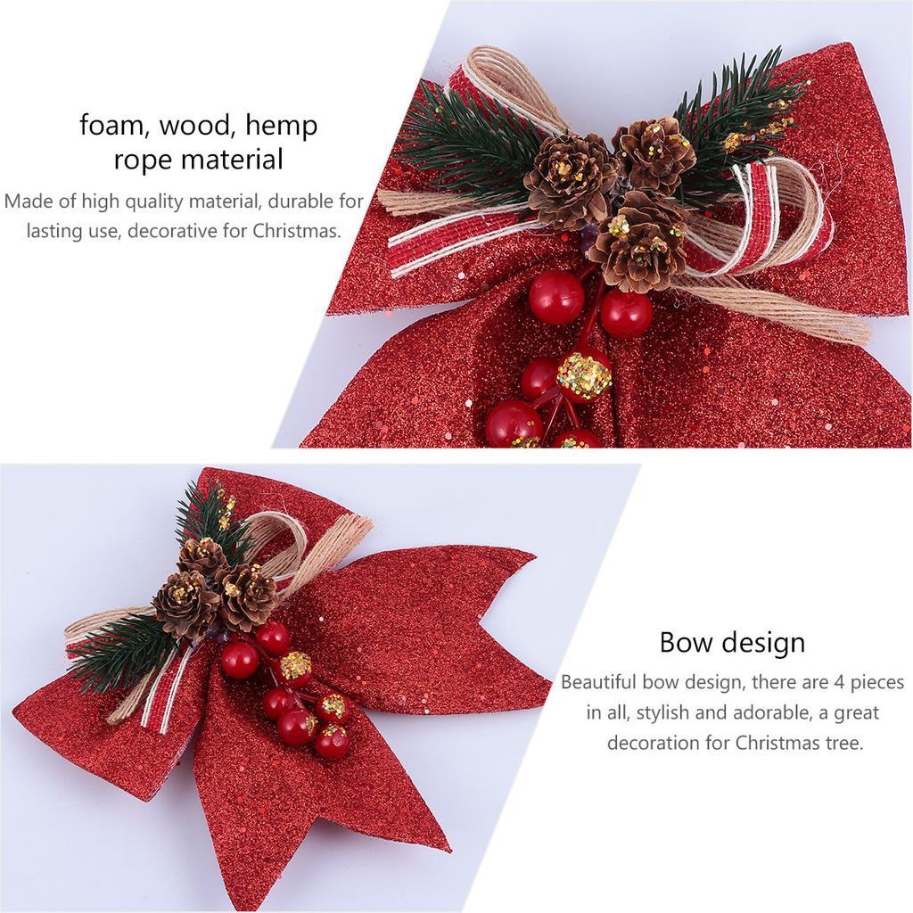 4pcs Christmas Tree Hanging Decorations Glitter Pine Cone Bows For Holiday Home Party Decoration Xmas Ornament Festive Supplies