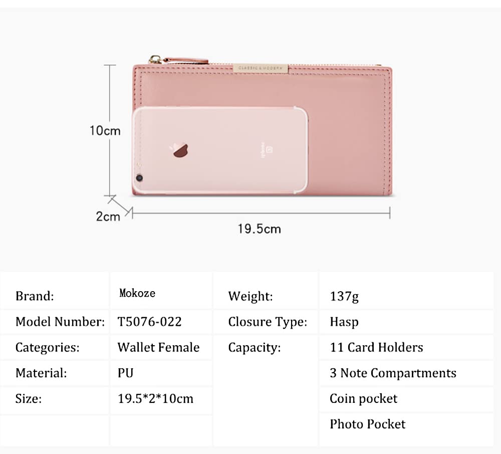 Mokoze Women's Zipper and Magnetic Closure WalletClutch Bag with Long Bifold Coin Purse, Size Small, Pink, Contemporary Style