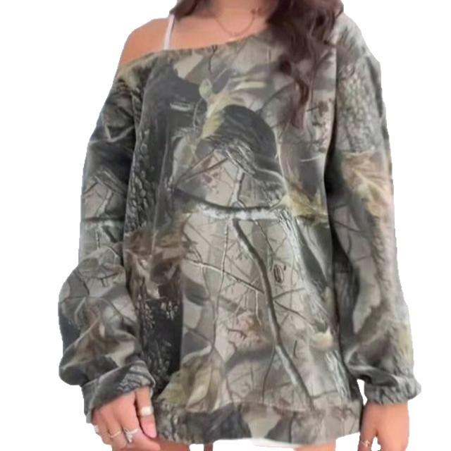 

European and American 3D Print One-Shoulder Long Sleeve Loose Casual Plus Size Sexy Sweatshirt. 3XL