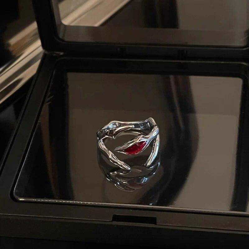 Vintage Red Enamel Cross Open Rings For Women Men Punk Hip Hop Irregular Lava Texture Rings Y2K Aesthetic Jewelry