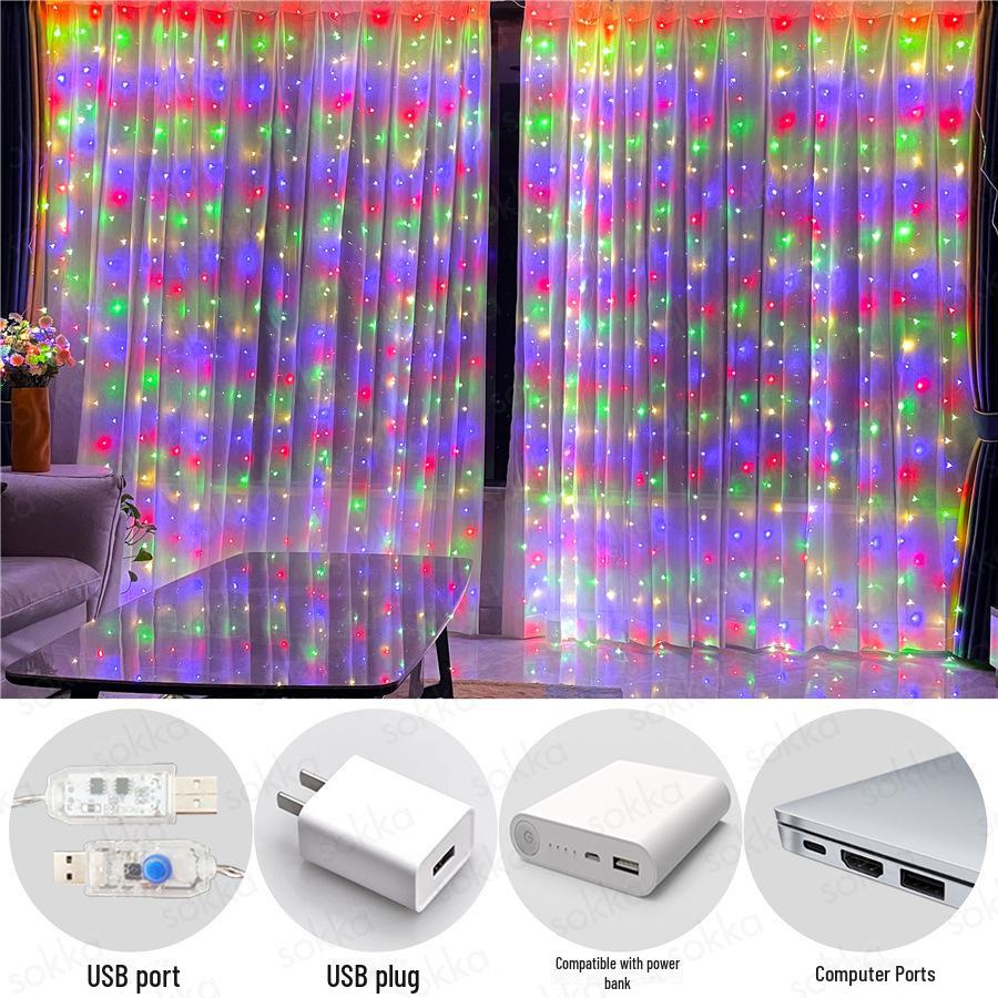 3x3m LED Copper Wire Curtain Lights with Hook & Remote Control for Bedroom