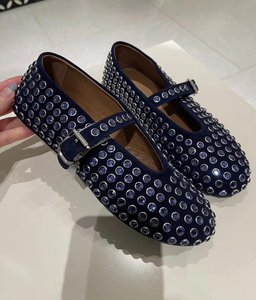 Migua Suede Crystal Mary Jane Flats with Rivets