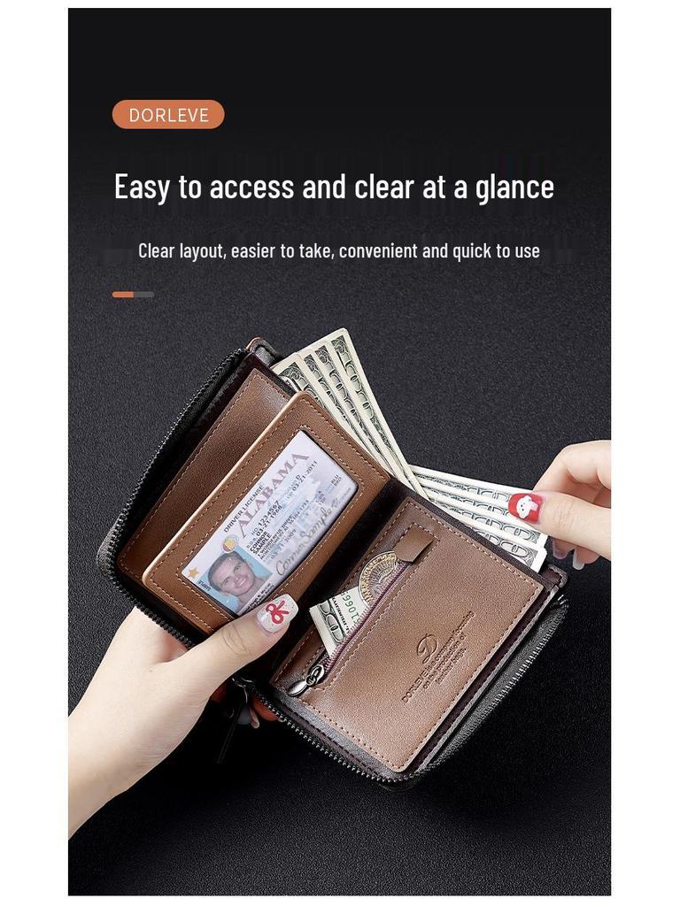 Retro Men's Color Block Leather Wallet with Zipper – Multi-functional Card Holder with Multiple Slots