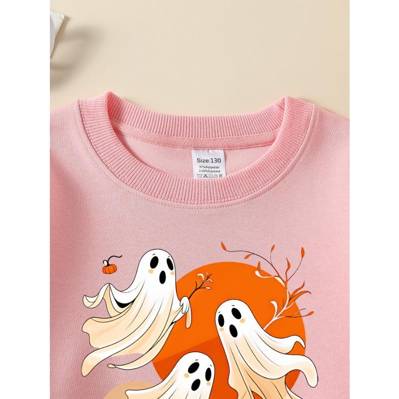 European Sizes Girls' Halloween Long-Sleeve Round-Neck Fun Print Casual Top, Kids' Autumn Clothing, for Trick-Or-Treat Parties.