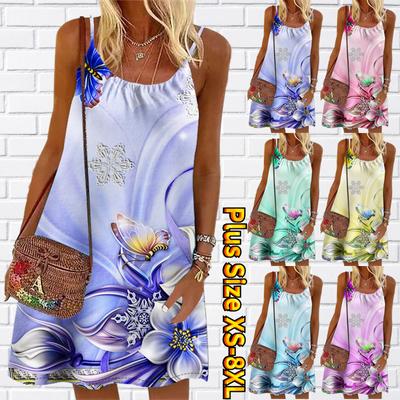 Women Flower Butterflies On Flowers Printed Mini Dress Sleeveless Party Dress Summer Beach Dress Sundress