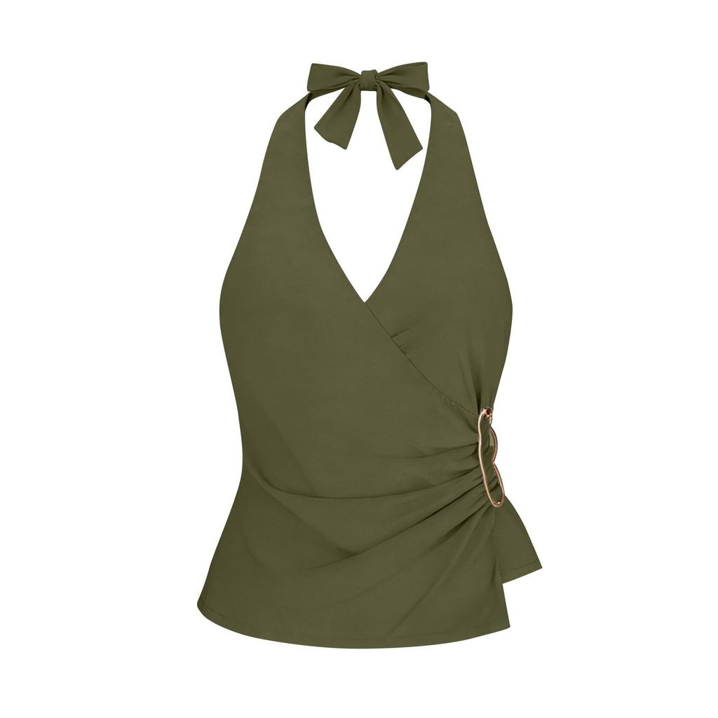 Women's Fashionable Plain Sleeveless V-neck Sexy Cross-Back  Top