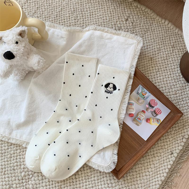 Female Autumn Cotton Polka Dot Striped Cartoon Puppy Cute Preppy Air Breathable Mid Tube Pile Socks