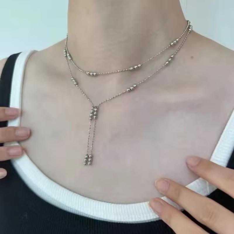New Double Layered Silver Color Bead Necklace Simple Thin Chain Round Beads Tassels Collarbone Chain Women s Jewelry Wholesale
