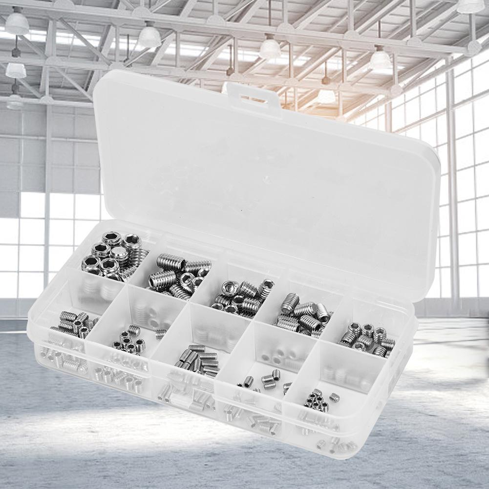 Zestaw 245 szt. śrub bez łba ze stali nierdzewnej z gniazdem sześciokątnym i wklęsłym końcem