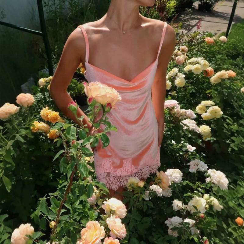 Velvet Lace Spliced Sleeveless Mini Dress Women Casual Boho Chic Outfit