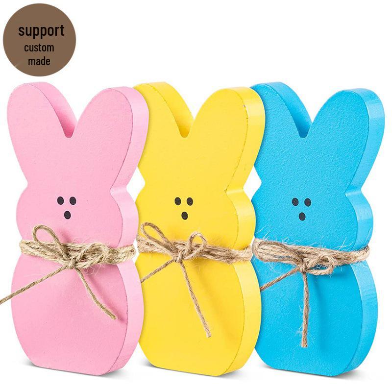 

Easter Rabbit Wooden Crafts Tray: Colorful Ornament & Table Decoration with Hemp Rope
