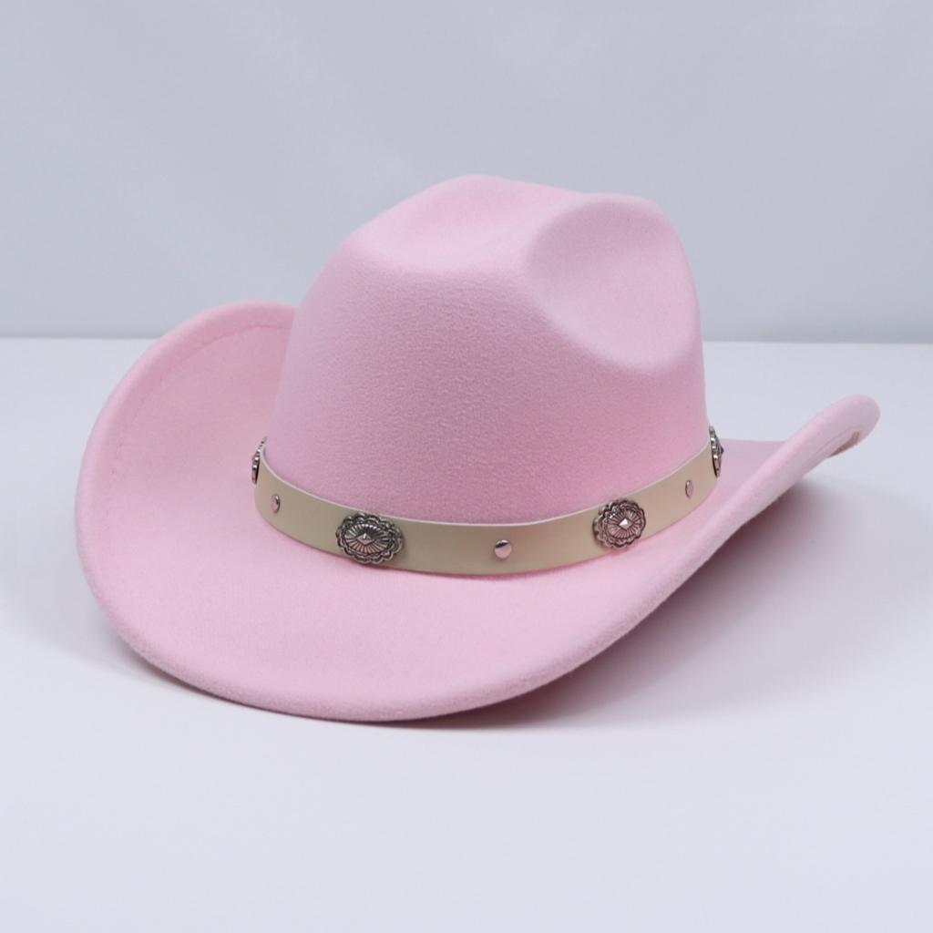 Men's and women's Panama-style soft felt cowboy hat with metal flower shape and white leather belt, suitable for parties