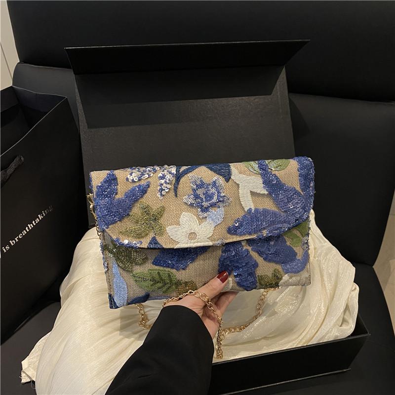 

Premium Envelope Bag Summer New Fashion Sequins Embroidery Flower Niche Ladies Small Square Bag синий