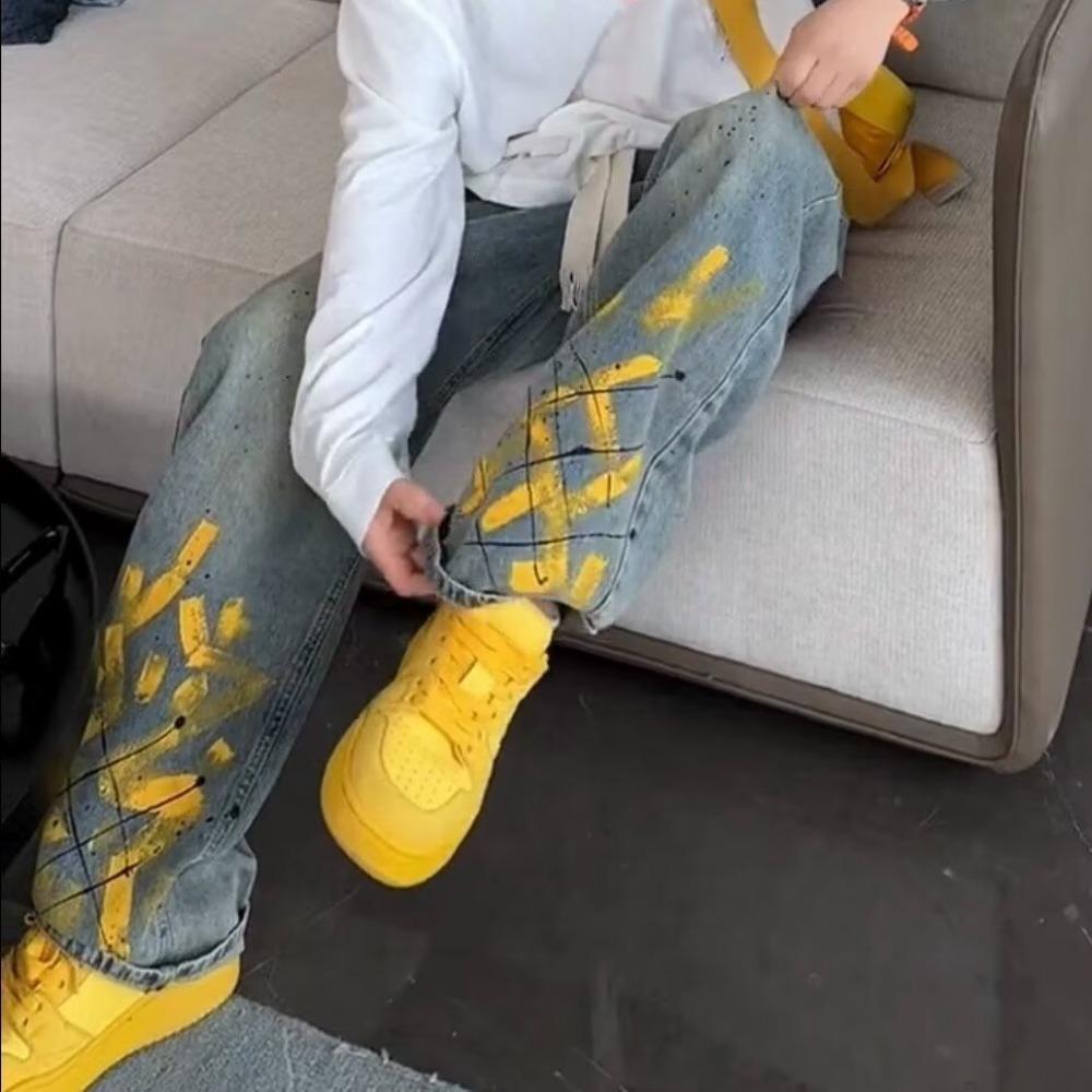 New Washed Jeans for Autumn and Winter Men Hand-painted Inkjet Print Fashionable and Versatile Old Casual Straight Pants