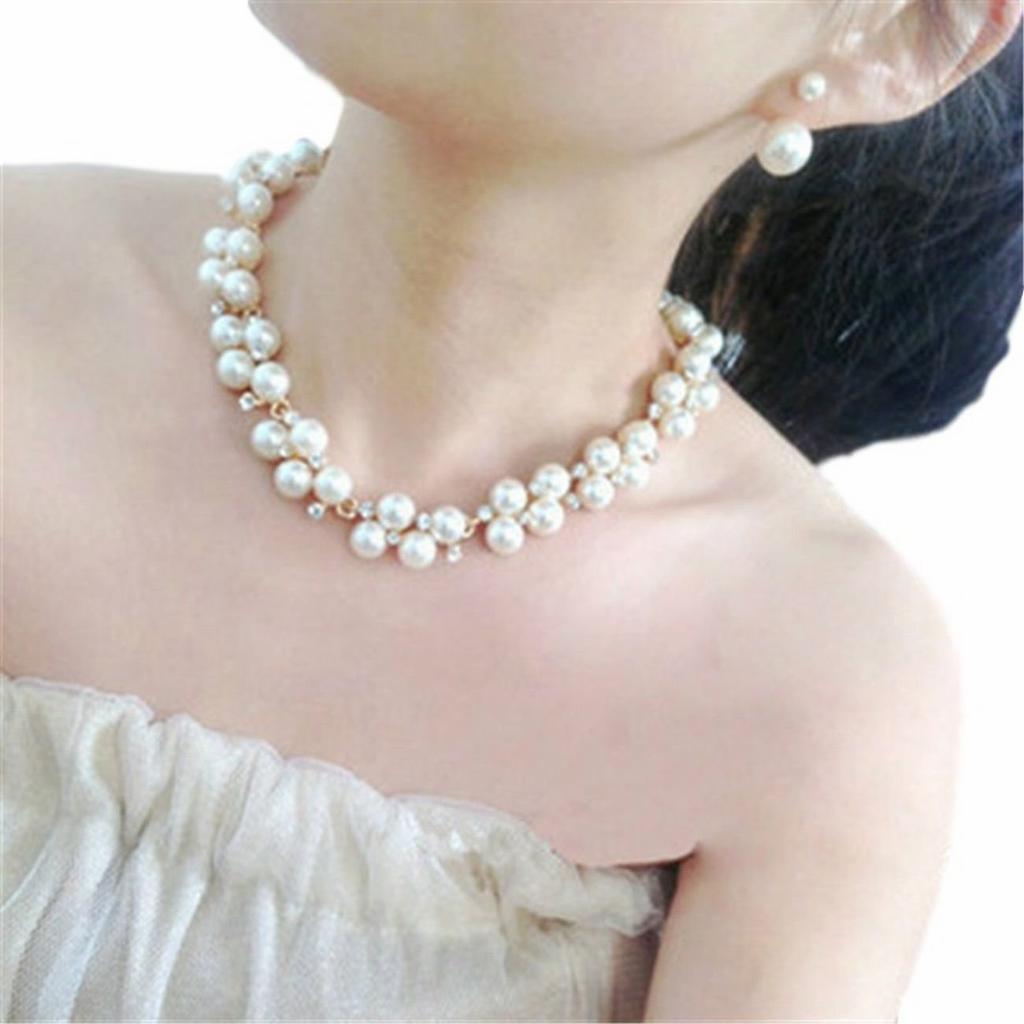 Beaded Necklace and for and Everyday Use and [N-Style] Earrings, Pearl, Rhinestone, Weddings, Parties, (Necklace Earrings)