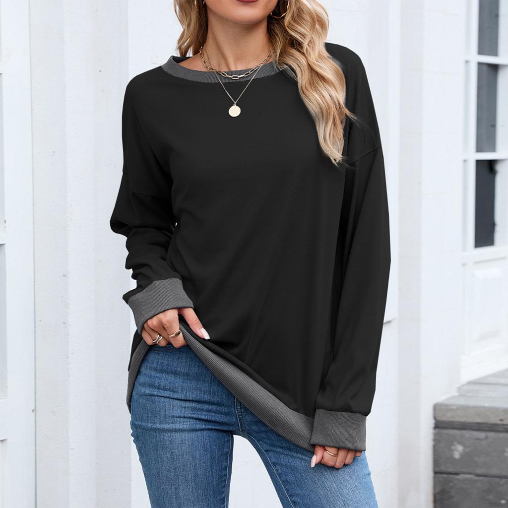 Women's Fashionable Color Blocked Round Neck Long Sleeved Casual Hoodie Top