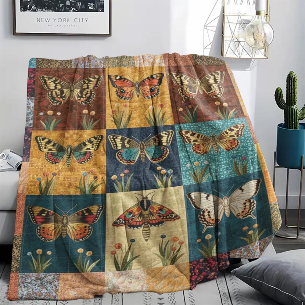 1Pc Patchwork Insect Print Flannel Blanket, High quality Comfortable for All Seasons, Home Decor, Warmth and Comfort, Perfect for Christmas Gifts67