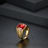 Gold-Plated Stainless Steel Ruby Ring, Great Wall Pattern, Unisex Fashion Ring, Fade-Resistant Jewelry