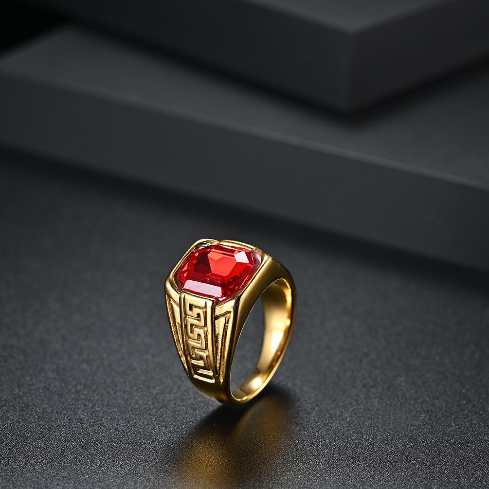 Gold-Plated Stainless Steel Ruby Ring, Great Wall Pattern, Unisex Fashion Ring, Fade-Resistant Jewelry