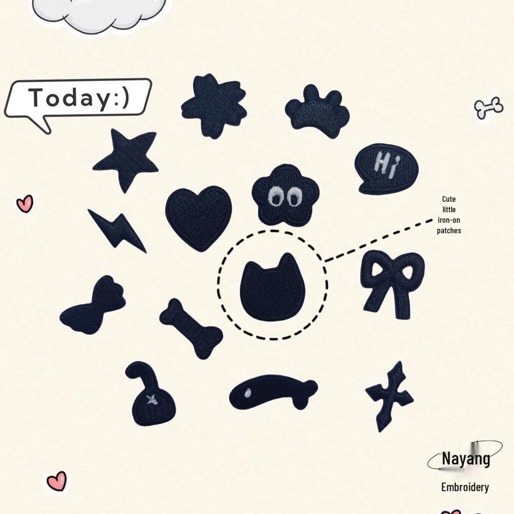 Small Cute Black Cloth Iron-On Patch: Embroidered, Self-Adhesive Clothing Decoration