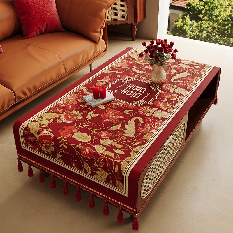 Red Festive Living Room Wedding Coffee Table Tablecloth Atmosphere Engagement Rectangular Dining Table Tablecloth Desktop Dust Cover