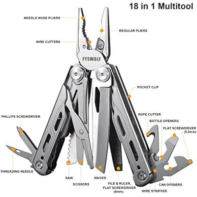 18 In 1 Multi Tool with Safety Lock, Stainless Steel Multi Tool Bag with Nylon Sheath, Multi Tool Bag for Survival, Hiking and Camping