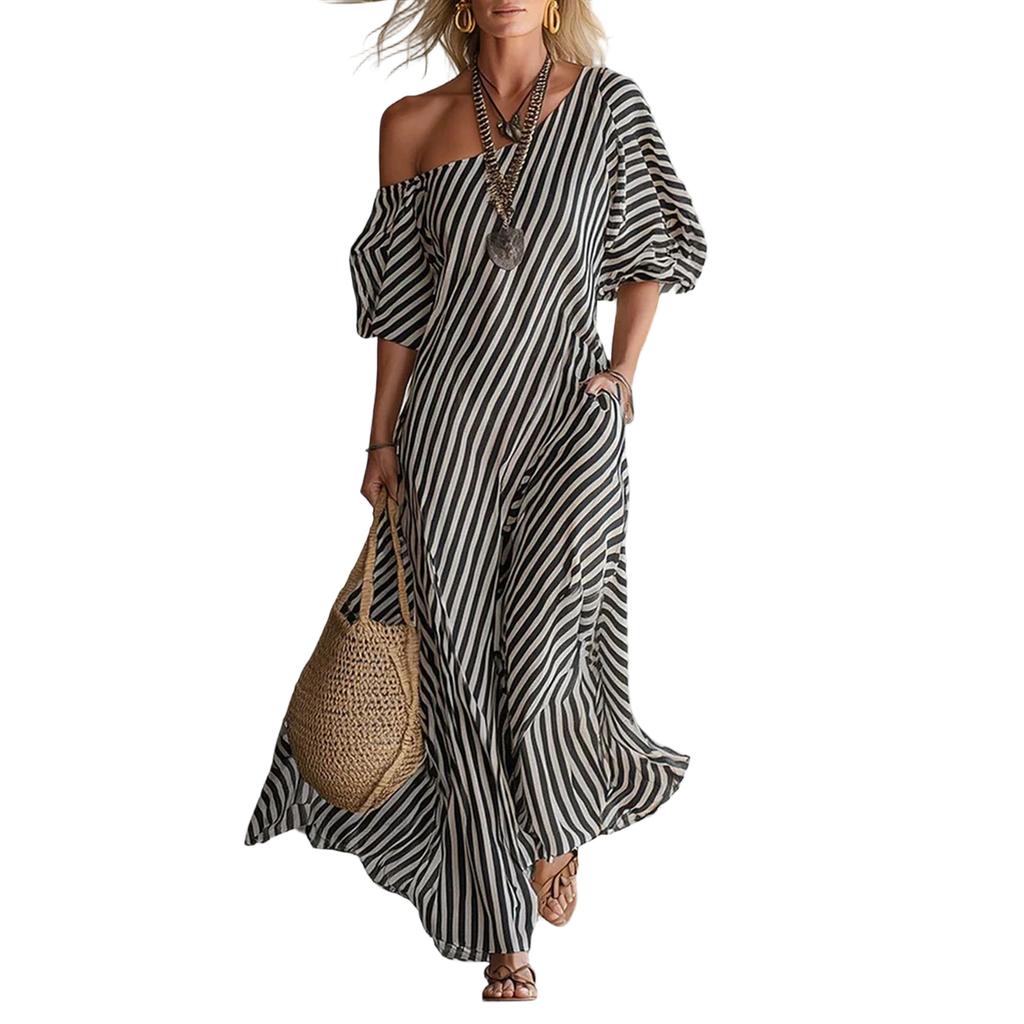 Ladies' Striped Elegant Casual Fashionable Off Shoulder Dress