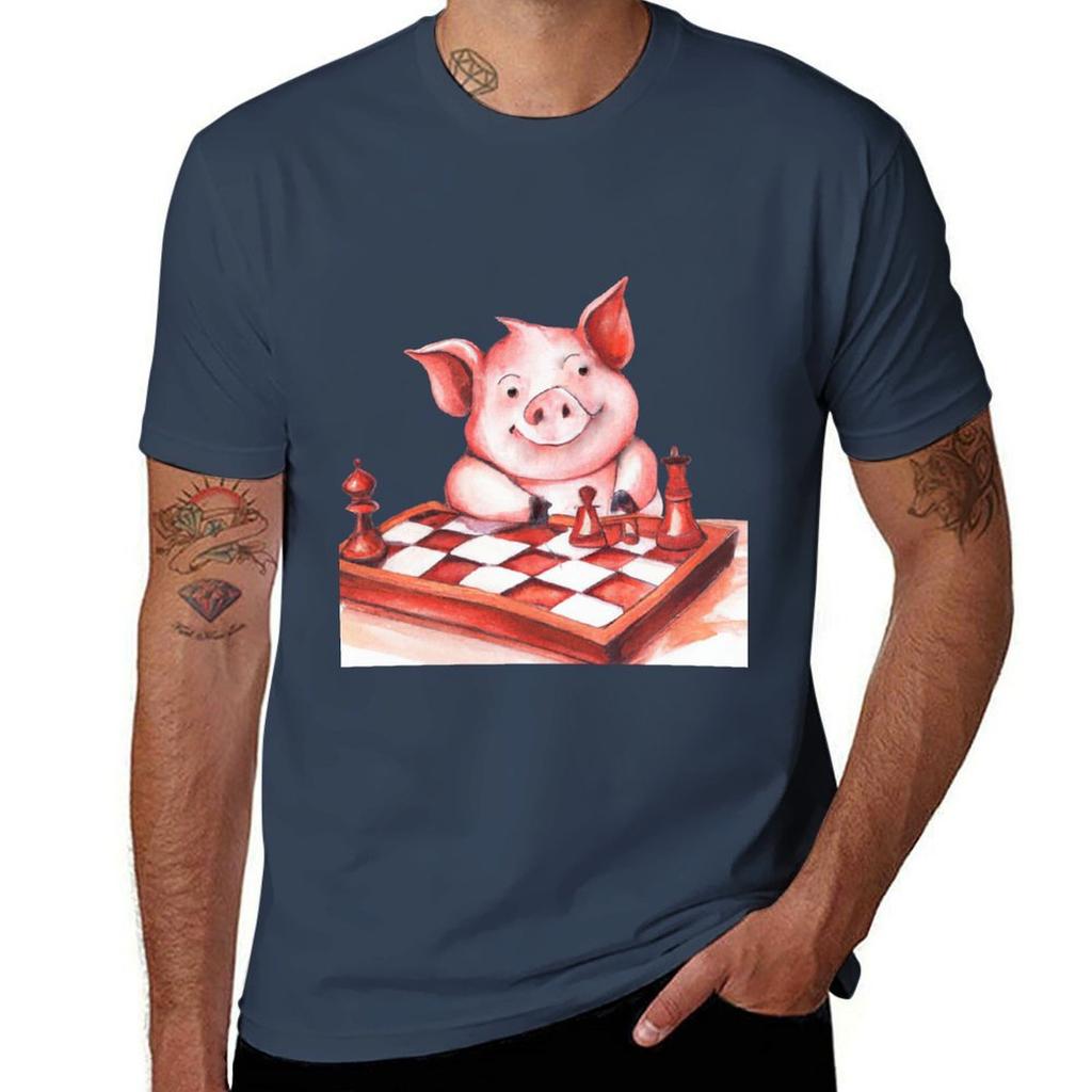 Pig Playing Chessai Generated Art Tshirt Gym Wear Breathable Short Sleeve Tee