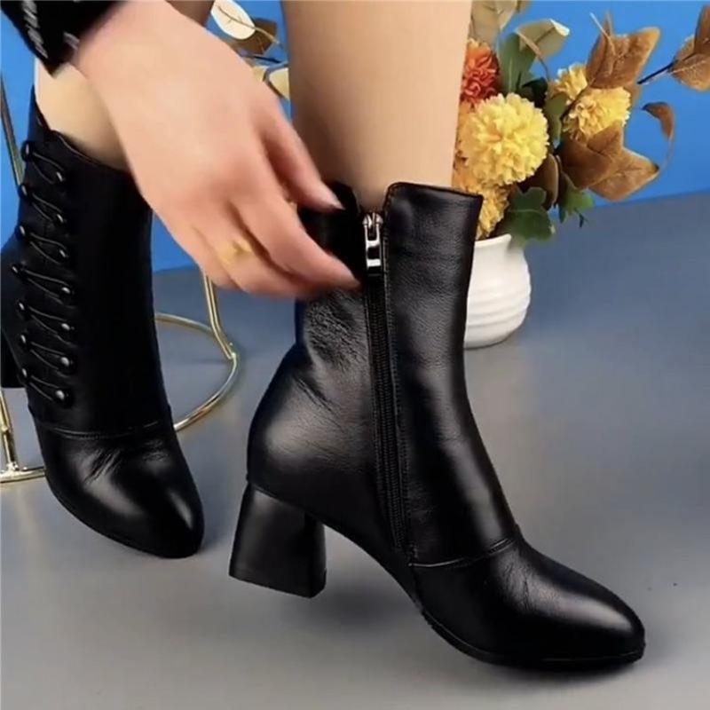 Soft Leather Thin Boots Short Boots Women's Autumn and Winter Fashion Mid-heel Mid-tube Cotton Shoes Velvet Soft-soled Mother Short Boots