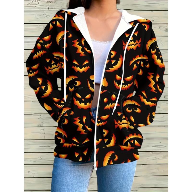 Halloween Pumpkin Print Zip Hooded Pocket Jacket