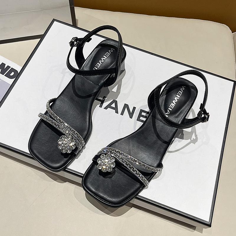 Silver One-word Buckle Sandals Summer 2025 New Fashion Rhinestone Niche Set Toe Thick Heel High Heels