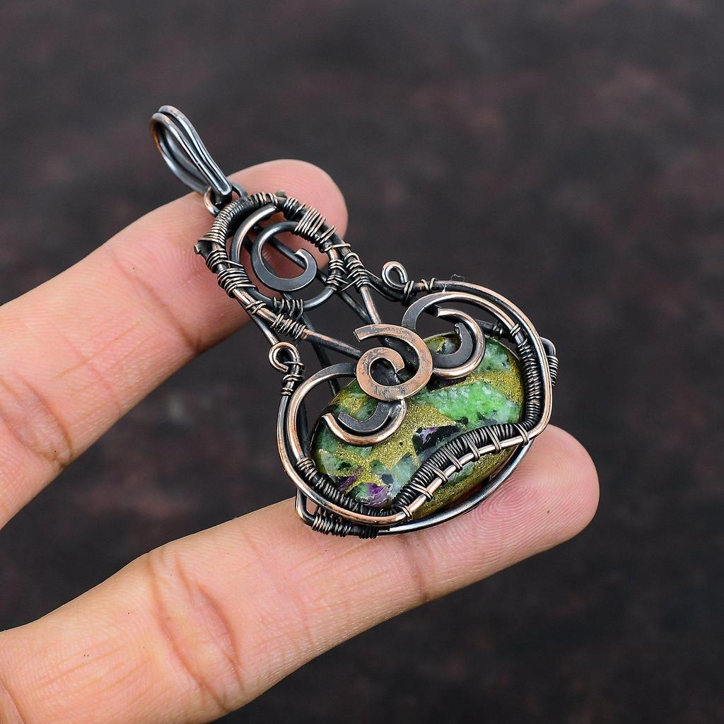 Copper Ruby Zoisite Pendant Copper Wire Wrapped Jewelry Genuine Gemstone Pendant Wedding Gift Copper Wire Wrap Pendant Handmade Boho Jewelry
