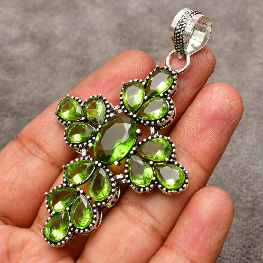 Peridot Gemstone Cross Shape Pendant : 925 Sterling Silver Handmade Jewelry Pendant