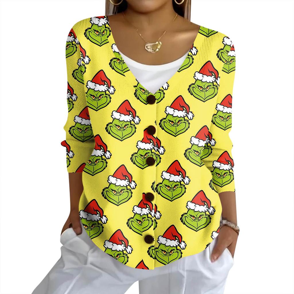 Women's Fashion Casual Knit Sweater Button-Up Christmas Print Cardigan Jacket