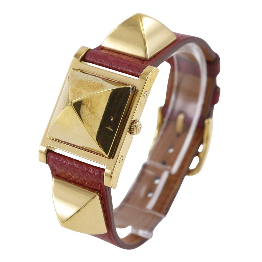 Hermes Medor Uhren Vintage Gold Weißes Zifferblatt Vergoldet/Leder Quarz Analoganzeige Damen Gebraucht