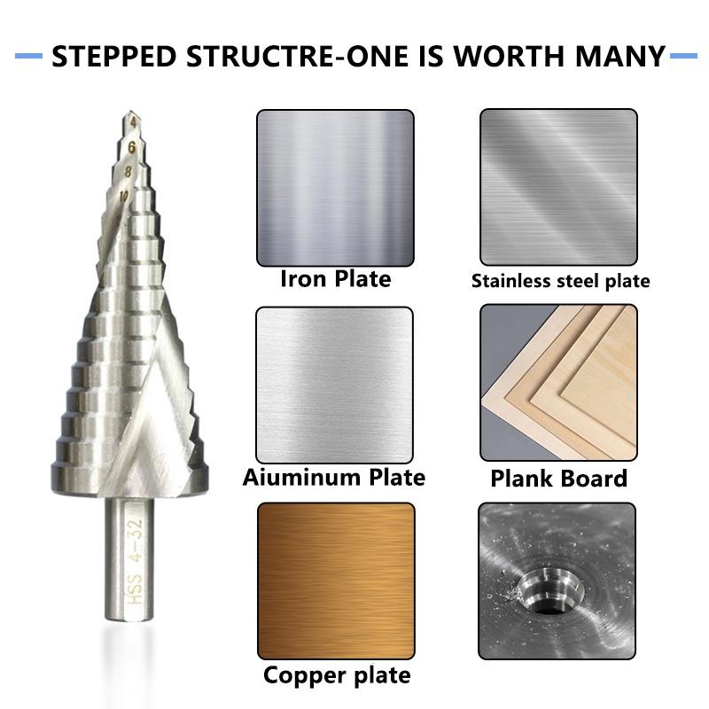 Step Drill Bit 4-32mm HSS Step Cone Drill Spiral Groove Wood Metal Hole Cutter Core Drilling Tools