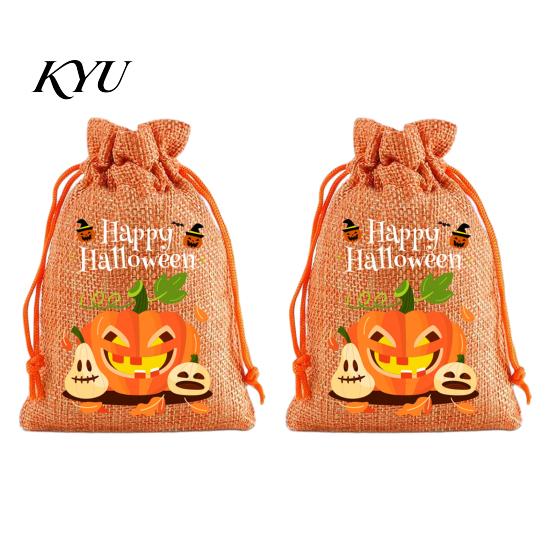 Lightweight Candy Carriers 2Pcs Halloween Pumpkin Drawstring Bags for Treats, Retro Burlap Pattern Party Favors Trick or Treat Bags, Portable
