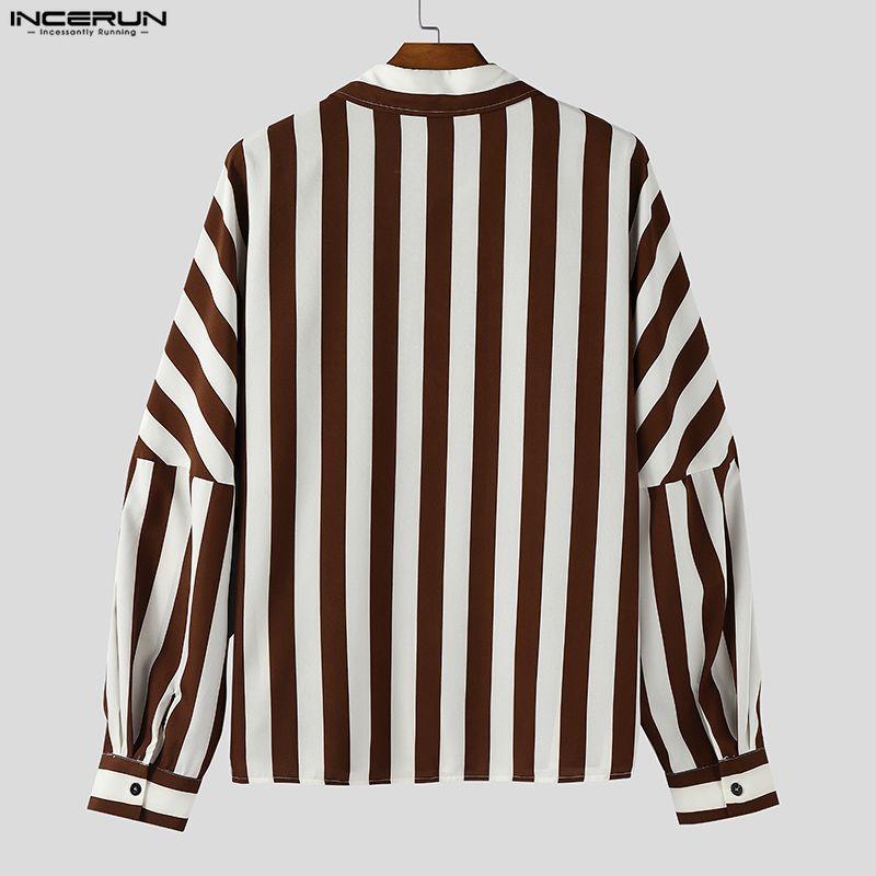 INCERUN Oversized Men Casual Lapel Neck Drop Shoulder Long Sleeve Striped Buttons Shirts Tops