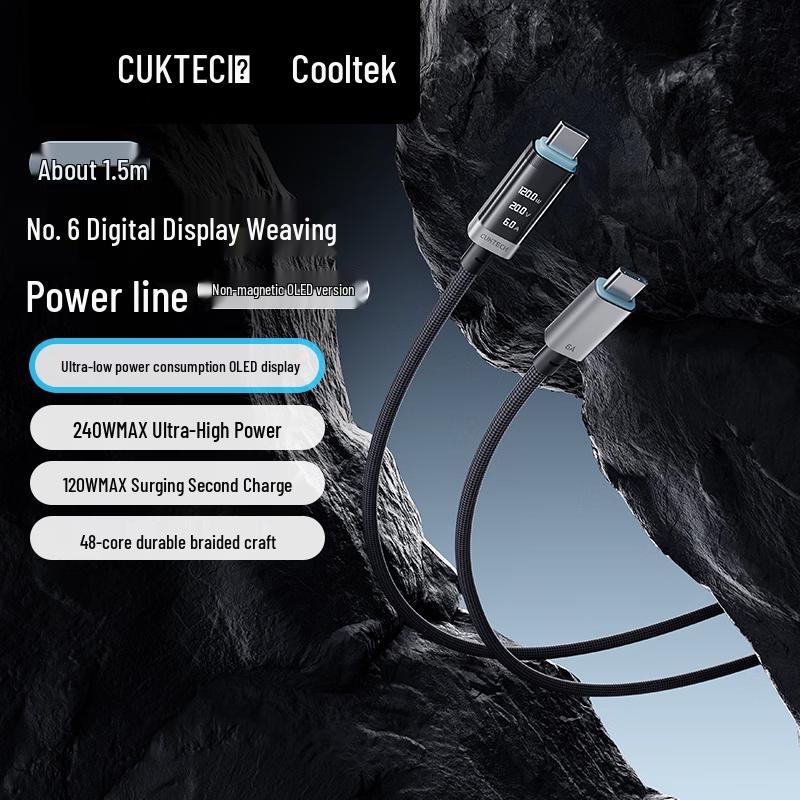 CUKTECH №6 Плетеный 240 Вт USB-C на USB-C Цифровой дисплей Кабель для быстрой зарядки