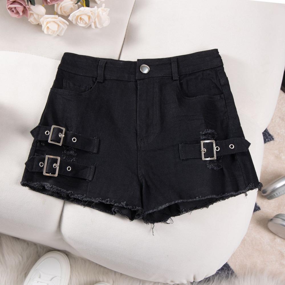 Women's High Waist High Rise Straight Leg Denim Shorts Frayed Ripped Buckle Detail Sexy Streetwear Jean Shorts