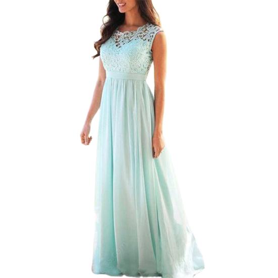 O-neck Waist Tight Sleeveless Draped Hem Chiffon Dress Elegant Crochet Lace Patchwork Long