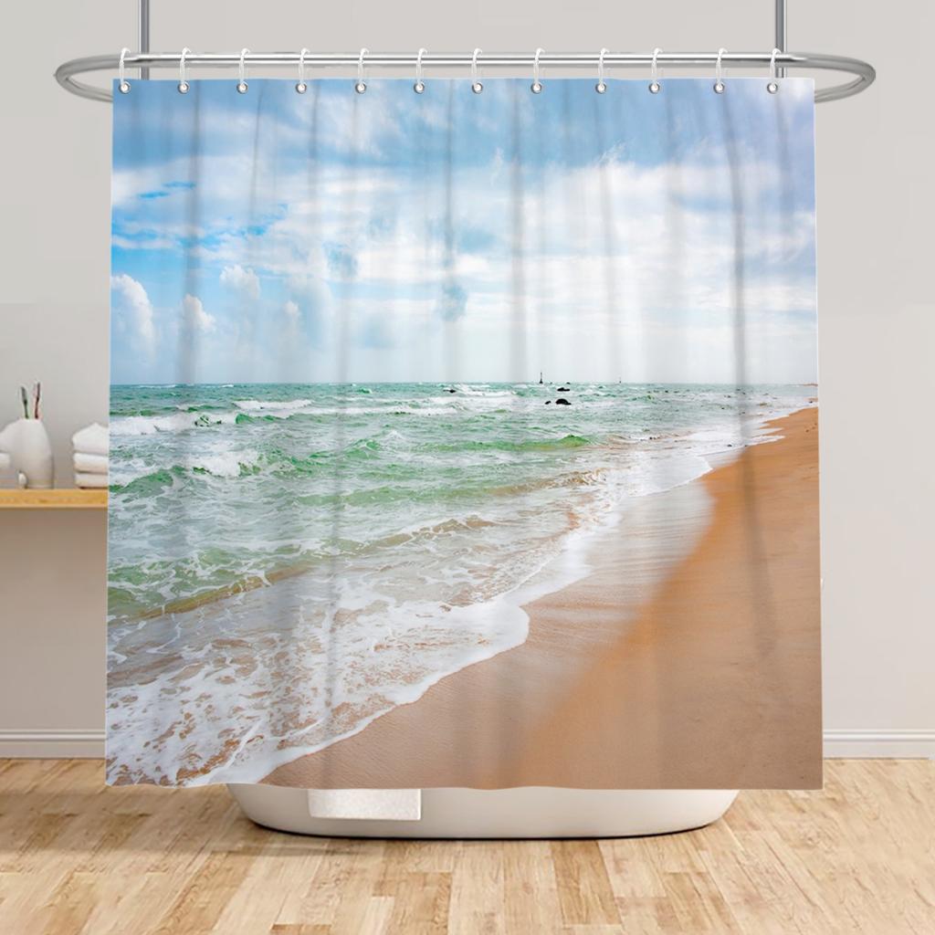 Beach Vacation Shower Curtain Tropical Palm Trees Ocean Waves Starfish Sandy Shore Pattern Waterproof Polyester Bathroom Decor