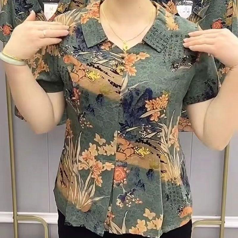 Folk Vintage Printed Loose Blouse Summer Turn-down Collar Button Commute Casual Pleated Spliced Shirt