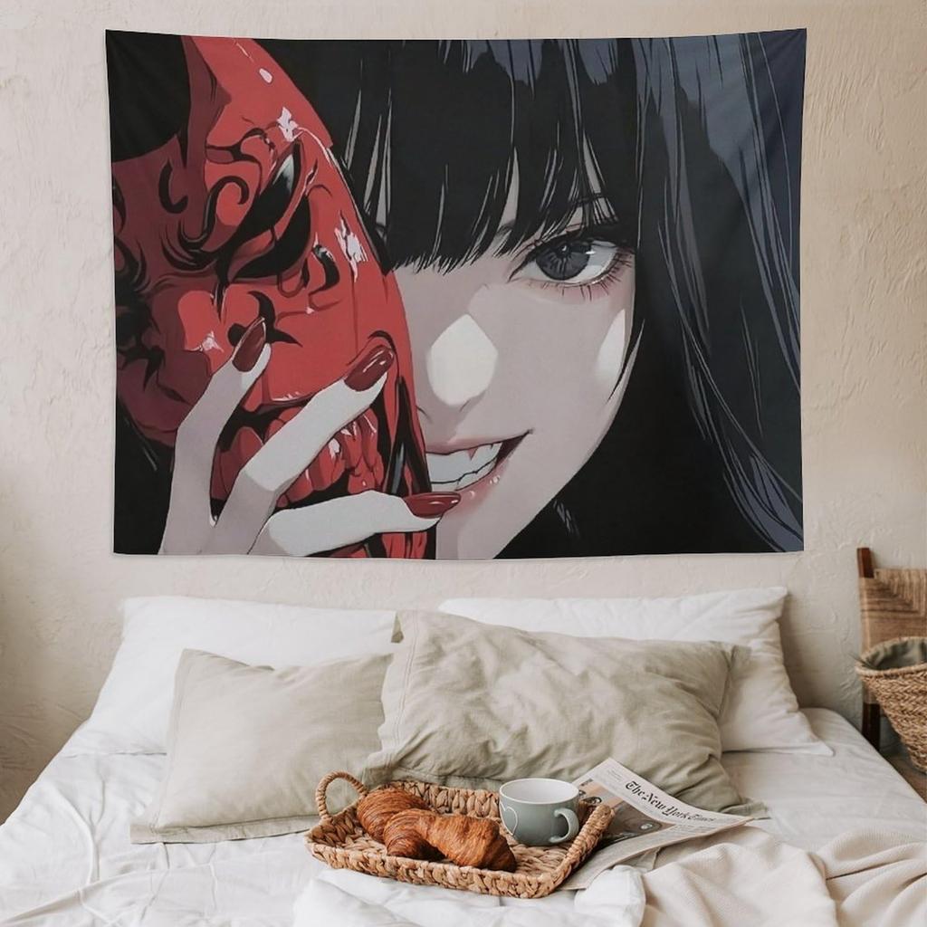 VIKAMA Dark Anime Girl with Hannya Mask Tapestry Japanese Yandere Style Wall Hanging for Bedroom Dorm Gaming Room Decor