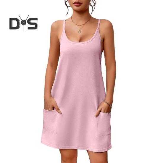 Damen Nachthemd Ärmelloses Chemise Pyjamakleid Spaghettiträger Racerback Tankkleid mit Taschen Sommer Lockere Nachtwäsche