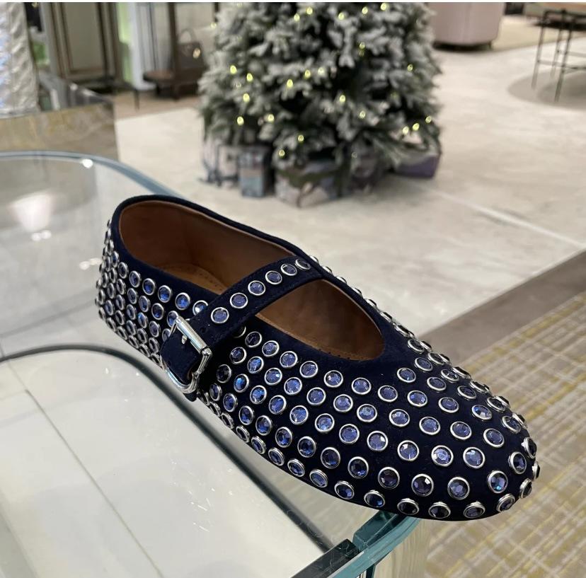 Migua Suede Crystal Mary Jane Flats with Rivets